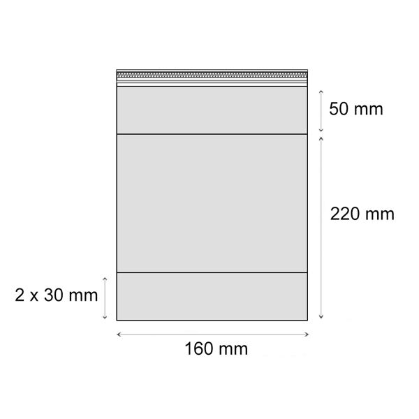 Sáček ( PP ) 160x220+2x30mm, 50 um s lep.páskou a spodní záložkou ( 250ks)